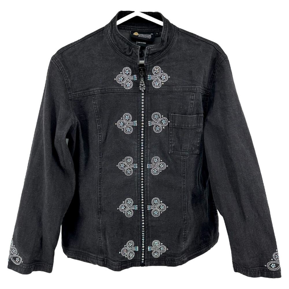 Vintage Christine Alexander Jean Jacket Swarovski Crystals Full Zip Black Large